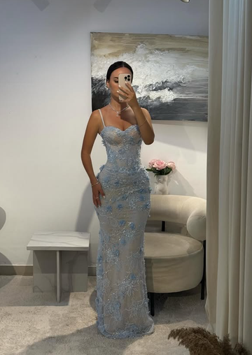Baby Blue Sheath V Neck Beaded 3D Floral Lace Prom Dress Evening Dress HZ1023